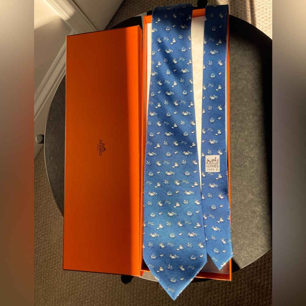 Hermes Turtle Tie - 100% Silk - Blue